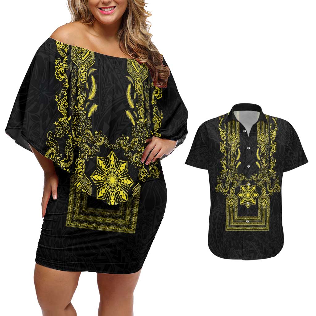 Philippines Barong Style Couples Matching Off Shoulder Short Dress and Hawaiian Shirt with Polynesian Art and Leaf Motif Black-Gold Color
