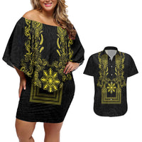 Philippines Barong Style Couples Matching Off Shoulder Short Dress and Hawaiian Shirt with Polynesian Art and Leaf Motif Black-Gold Color