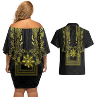 Philippines Barong Style Couples Matching Off Shoulder Short Dress and Hawaiian Shirt with Polynesian Art and Leaf Motif Black-Gold Color