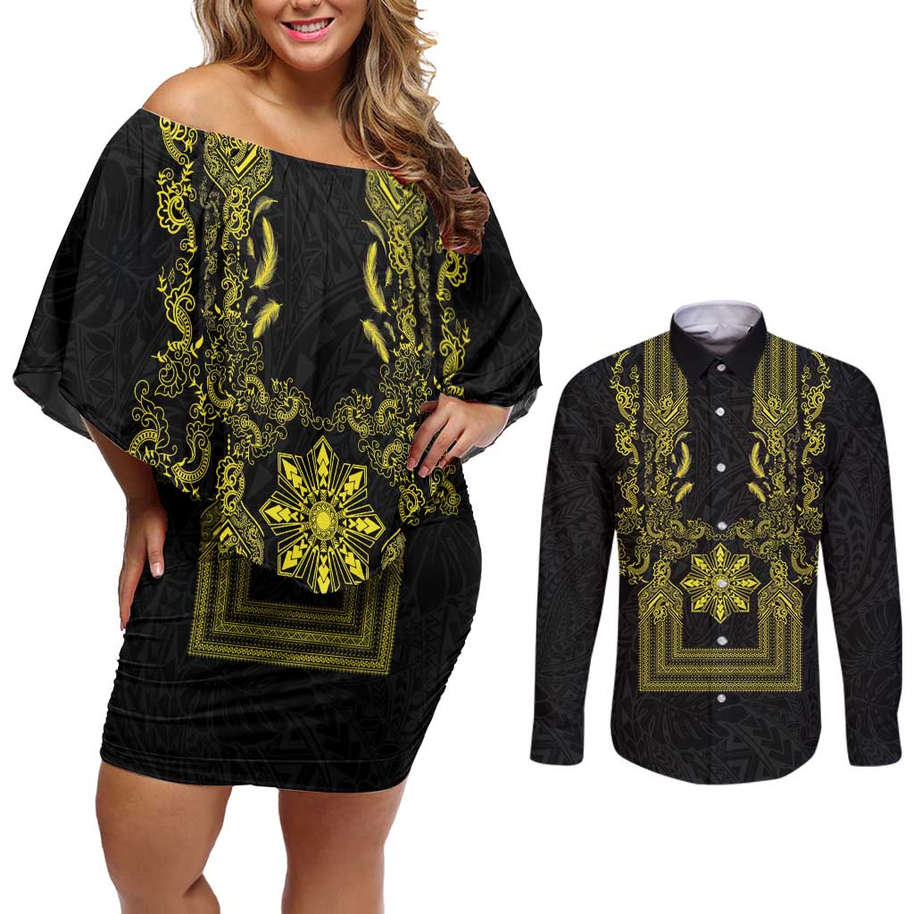 Philippines Barong Style Couples Matching Off Shoulder Short Dress and Long Sleeve Button Shirt with Polynesian Art and Leaf Motif Black-Gold Color