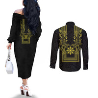 Philippines Barong Style Couples Matching Off The Shoulder Long Sleeve Dress and Long Sleeve Button Shirt with Polynesian Art and Leaf Motif Black-Gold Color