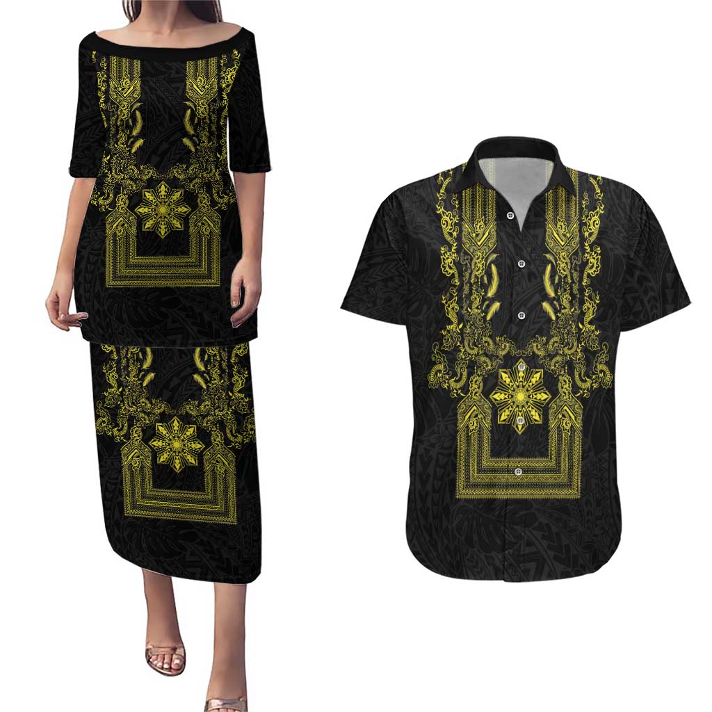 Philippines Barong Style Couples Matching Puletasi and Hawaiian Shirt with Polynesian Art and Leaf Motif Black-Gold Color