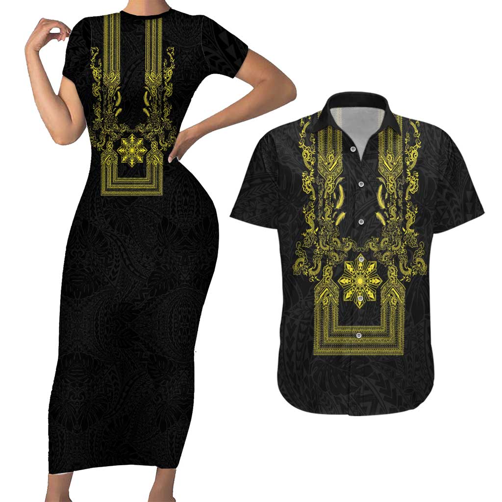 Philippines Barong Style Couples Matching Short Sleeve Bodycon Dress and Hawaiian Shirt with Polynesian Art and Leaf Motif Black-Gold Color