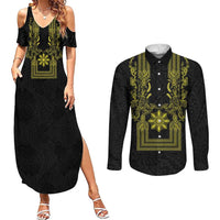 Philippines Barong Style Couples Matching Summer Maxi Dress and Long Sleeve Button Shirt with Polynesian Art and Leaf Motif Black-Gold Color