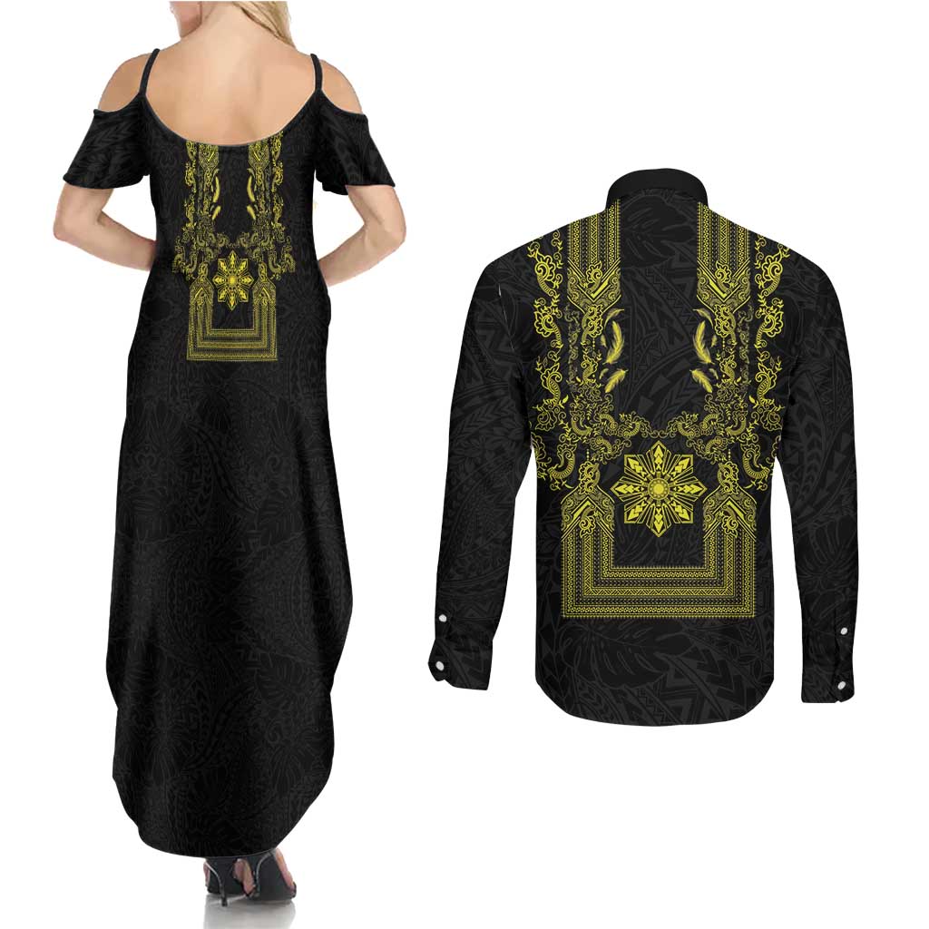 Philippines Barong Style Couples Matching Summer Maxi Dress and Long Sleeve Button Shirt with Polynesian Art and Leaf Motif Black-Gold Color