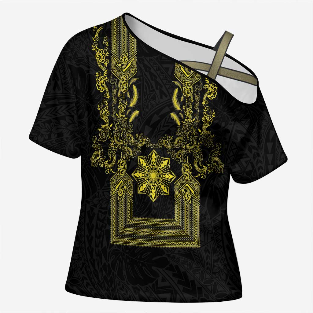 Philippines Barong Style Cross Shoulder Shirt with Polynesian Art and Leaf Motif Black-Gold Color