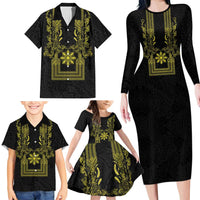 Philippines Barong Style Family Matching Long Sleeve Bodycon Dress and Hawaiian Shirt with Polynesian Art and Leaf Motif Black-Gold Color