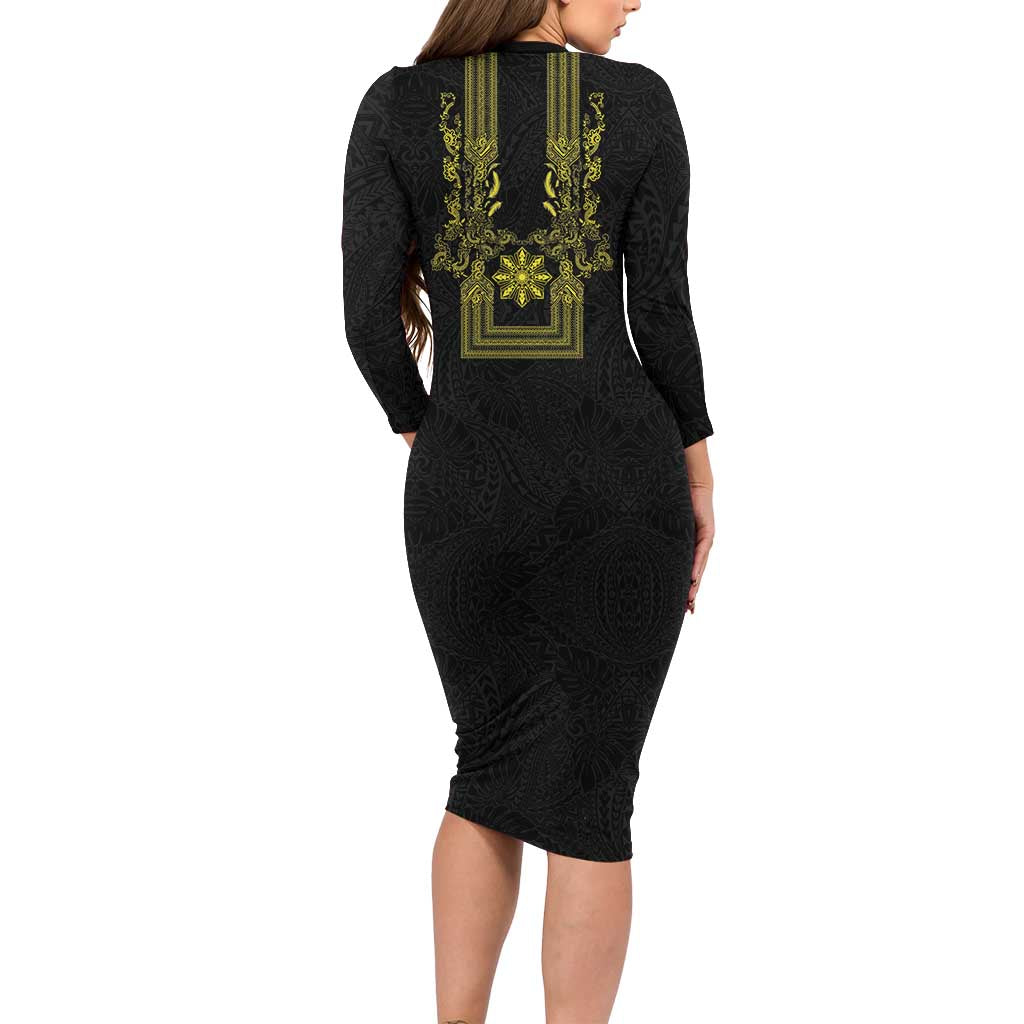 Philippines Barong Style Family Matching Long Sleeve Bodycon Dress and Hawaiian Shirt with Polynesian Art and Leaf Motif Black-Gold Color