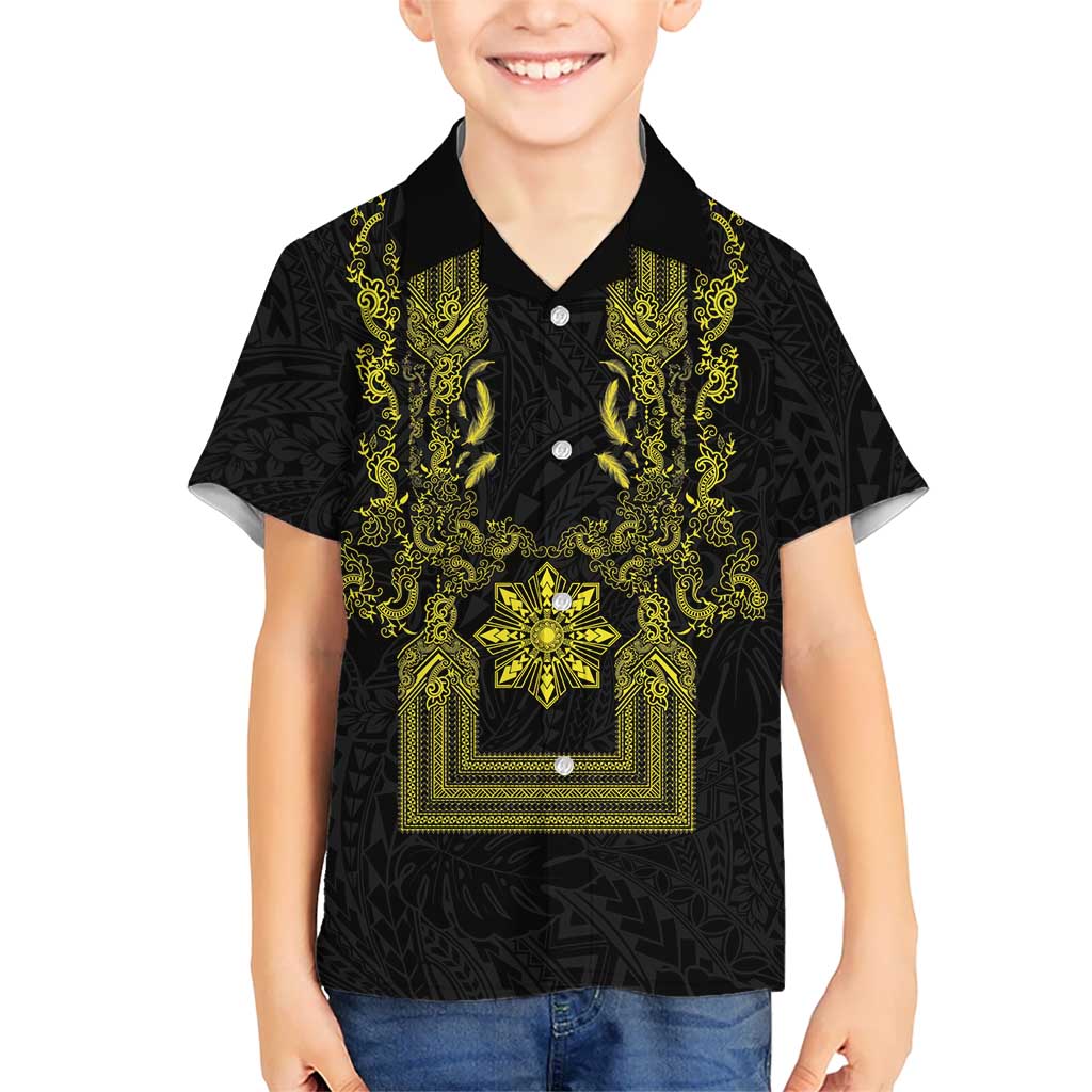 Philippines Barong Style Family Matching Long Sleeve Bodycon Dress and Hawaiian Shirt with Polynesian Art and Leaf Motif Black-Gold Color