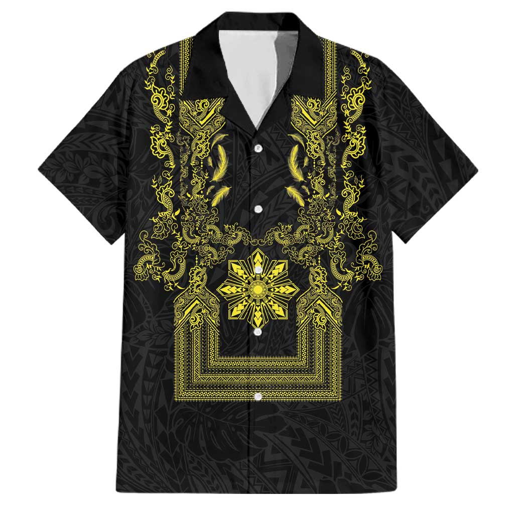 Philippines Barong Style Family Matching Mermaid Dress and Hawaiian Shirt with Polynesian Art and Leaf Motif Black-Gold Color