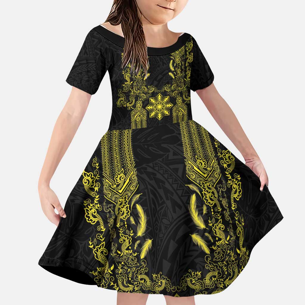 Philippines Barong Style Family Matching Off The Shoulder Long Sleeve Dress and Hawaiian Shirt with Polynesian Art and Leaf Motif Black-Gold Color