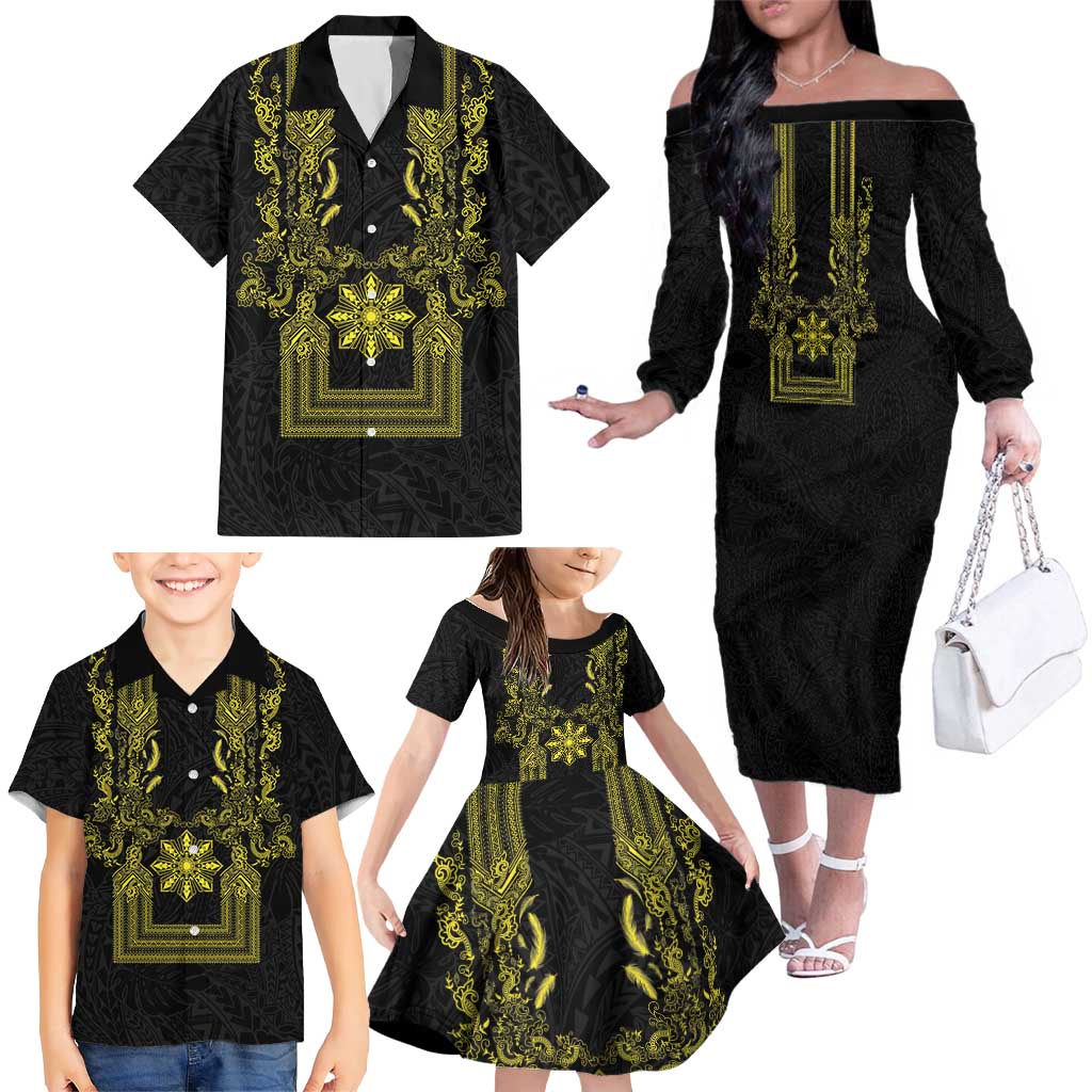 Philippines Barong Style Family Matching Off The Shoulder Long Sleeve Dress and Hawaiian Shirt with Polynesian Art and Leaf Motif Black-Gold Color