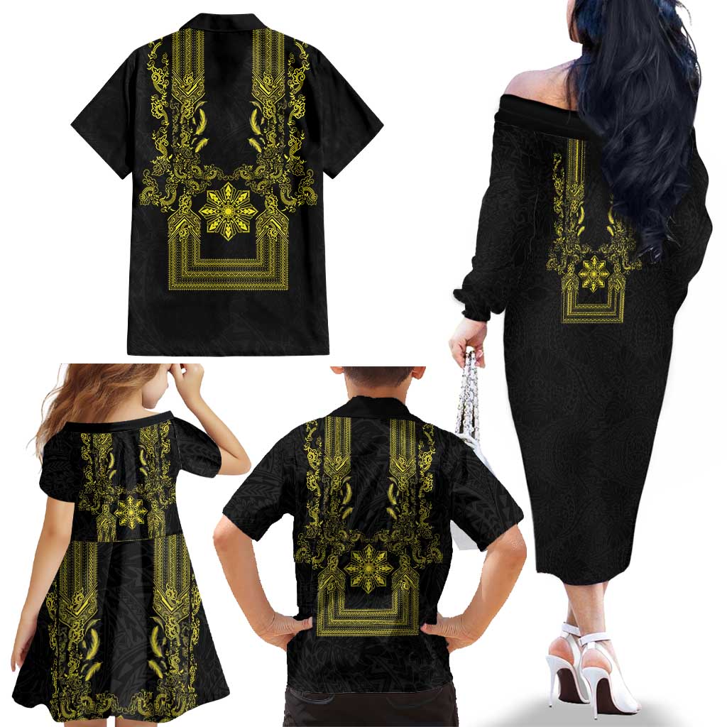 Philippines Barong Style Family Matching Off The Shoulder Long Sleeve Dress and Hawaiian Shirt with Polynesian Art and Leaf Motif Black-Gold Color