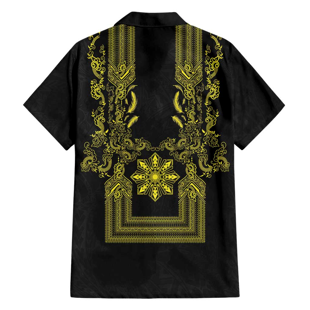 Philippines Barong Style Family Matching Off The Shoulder Long Sleeve Dress and Hawaiian Shirt with Polynesian Art and Leaf Motif Black-Gold Color