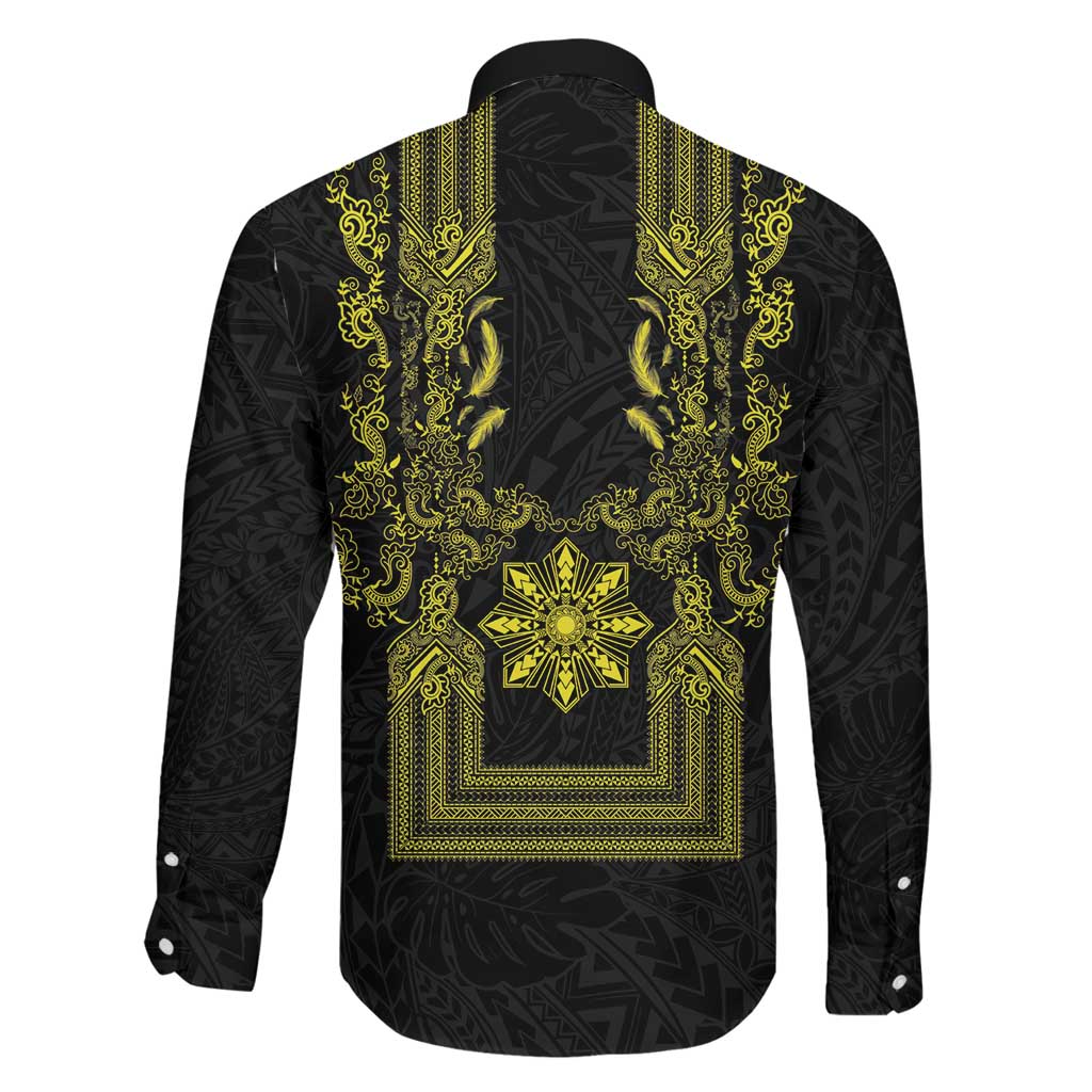 Philippines Barong Style Family Matching Off The Shoulder Long Sleeve Dress and Hawaiian Shirt with Polynesian Art and Leaf Motif Black-Gold Color