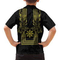 Philippines Barong Style Family Matching Off Shoulder Maxi Dress and Hawaiian Shirt with Polynesian Art and Leaf Motif Black-Gold Color