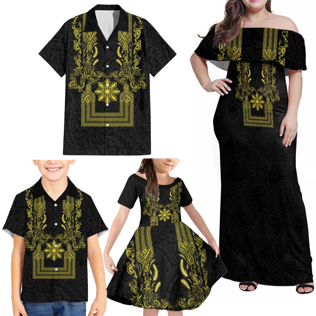 Philippines Barong Style Family Matching Off Shoulder Maxi Dress and Hawaiian Shirt with Polynesian Art and Leaf Motif Black-Gold Color