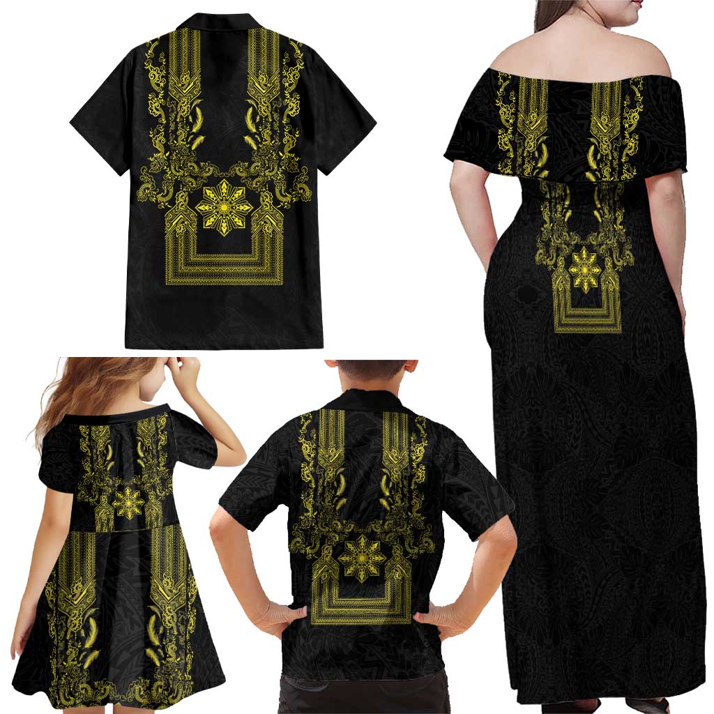 Philippines Barong Style Family Matching Off Shoulder Maxi Dress and Hawaiian Shirt with Polynesian Art and Leaf Motif Black-Gold Color