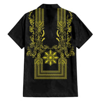 Philippines Barong Style Family Matching Off Shoulder Maxi Dress and Hawaiian Shirt with Polynesian Art and Leaf Motif Black-Gold Color