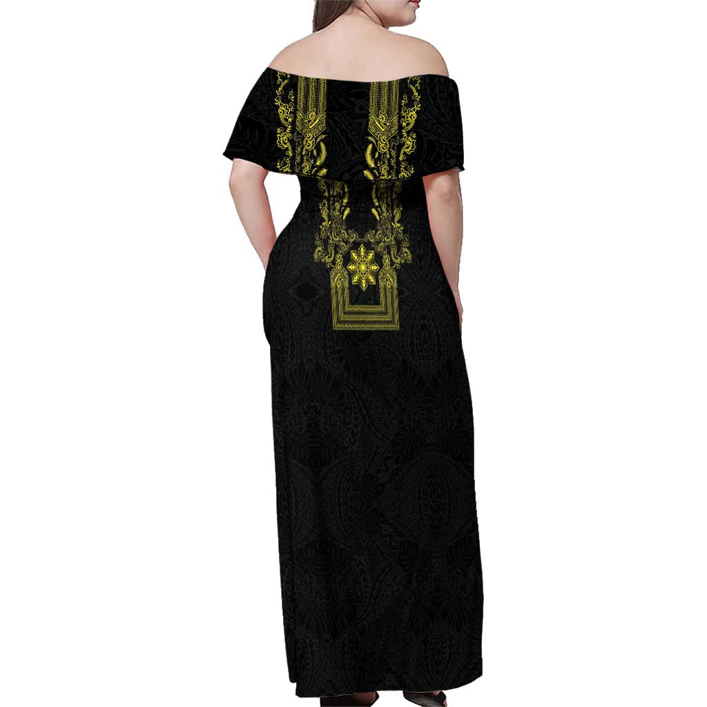Philippines Barong Style Family Matching Off Shoulder Maxi Dress and Hawaiian Shirt with Polynesian Art and Leaf Motif Black-Gold Color