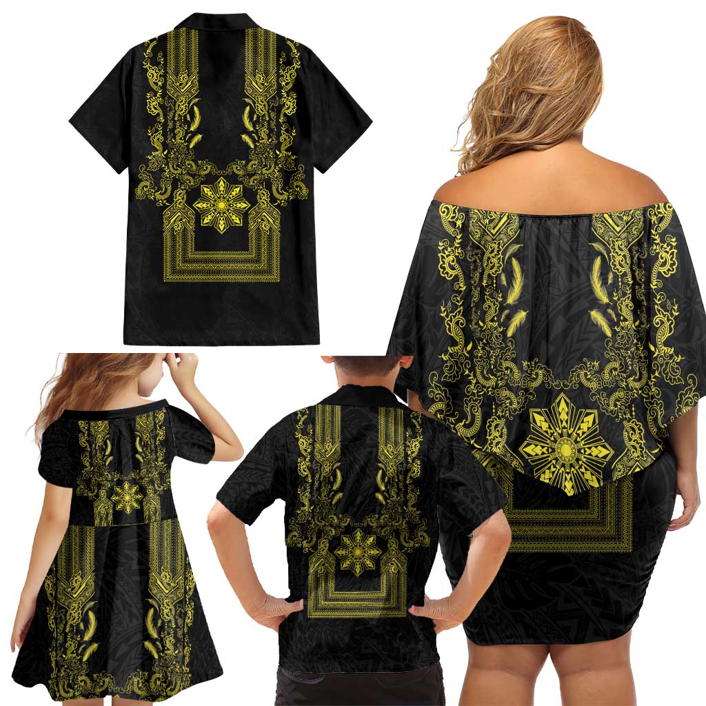Philippines Barong Style Family Matching Off Shoulder Short Dress and Hawaiian Shirt with Polynesian Art and Leaf Motif Black-Gold Color