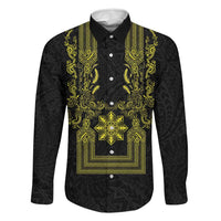Philippines Barong Style Family Matching Off Shoulder Short Dress and Hawaiian Shirt with Polynesian Art and Leaf Motif Black-Gold Color