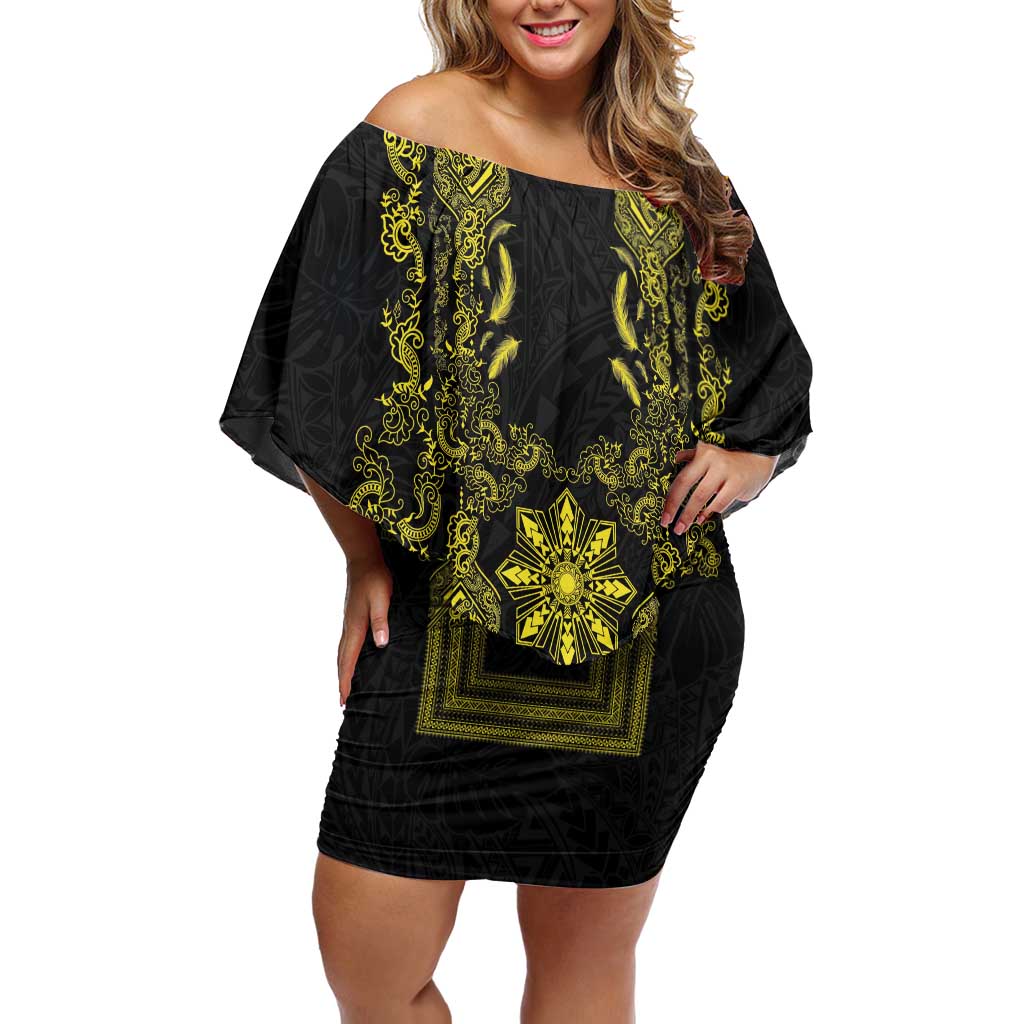 Philippines Barong Style Family Matching Off Shoulder Short Dress and Hawaiian Shirt with Polynesian Art and Leaf Motif Black-Gold Color
