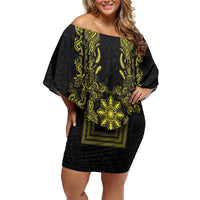 Philippines Barong Style Family Matching Off Shoulder Short Dress and Hawaiian Shirt with Polynesian Art and Leaf Motif Black-Gold Color