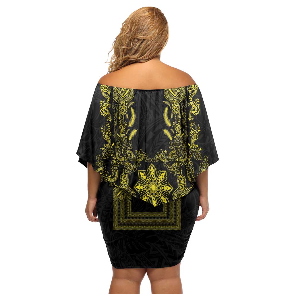 Philippines Barong Style Family Matching Off Shoulder Short Dress and Hawaiian Shirt with Polynesian Art and Leaf Motif Black-Gold Color