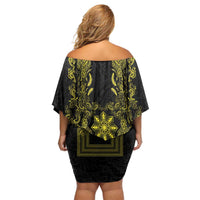 Philippines Barong Style Family Matching Off Shoulder Short Dress and Hawaiian Shirt with Polynesian Art and Leaf Motif Black-Gold Color
