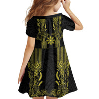 Philippines Barong Style Family Matching Puletasi and Hawaiian Shirt with Polynesian Art and Leaf Motif Black-Gold Color