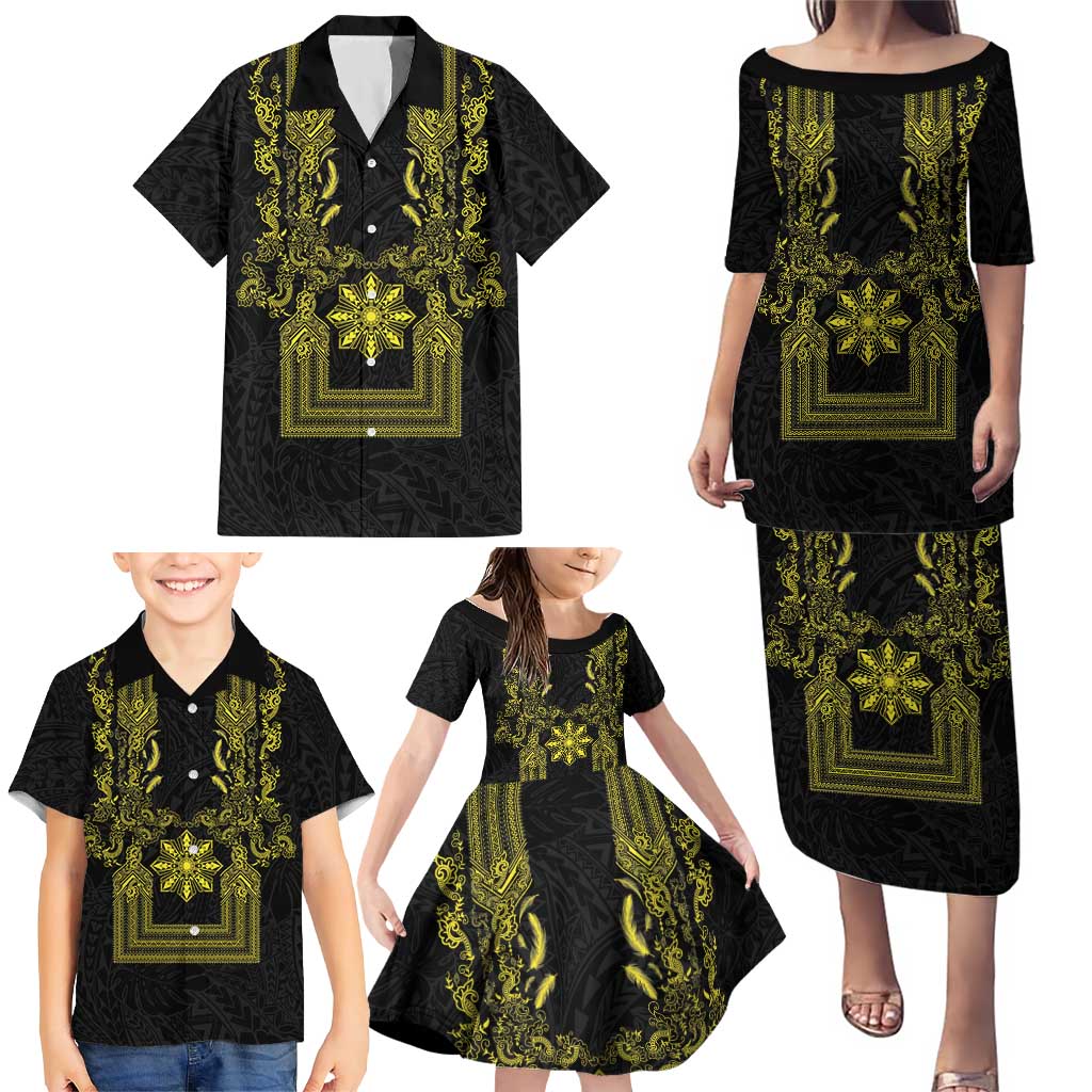 Philippines Barong Style Family Matching Puletasi and Hawaiian Shirt with Polynesian Art and Leaf Motif Black-Gold Color