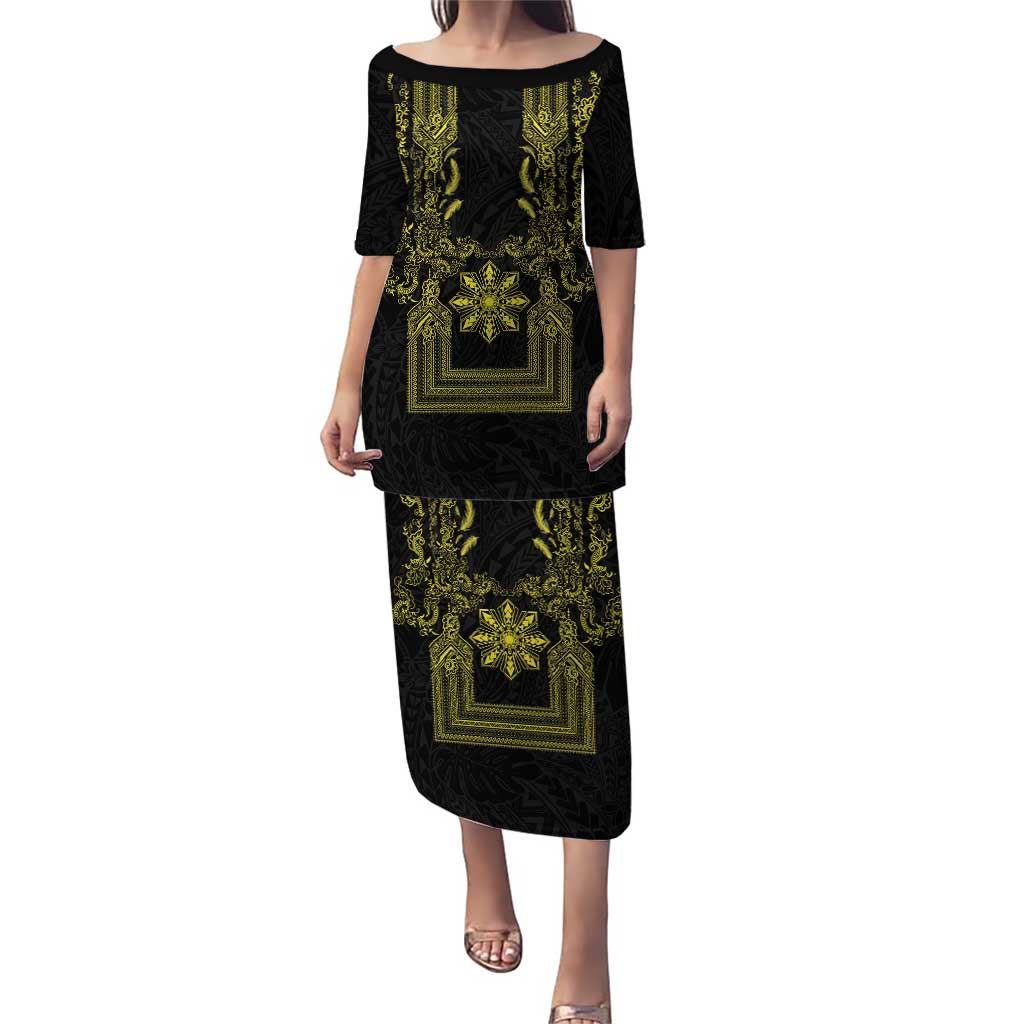 Philippines Barong Style Family Matching Puletasi and Hawaiian Shirt with Polynesian Art and Leaf Motif Black-Gold Color