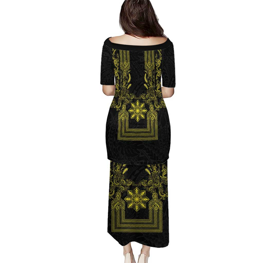Philippines Barong Style Family Matching Puletasi and Hawaiian Shirt with Polynesian Art and Leaf Motif Black-Gold Color