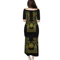 Philippines Barong Style Family Matching Puletasi and Hawaiian Shirt with Polynesian Art and Leaf Motif Black-Gold Color