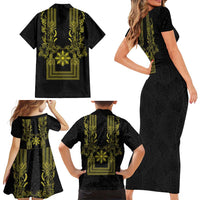Philippines Barong Style Family Matching Short Sleeve Bodycon Dress and Hawaiian Shirt with Polynesian Art and Leaf Motif Black-Gold Color