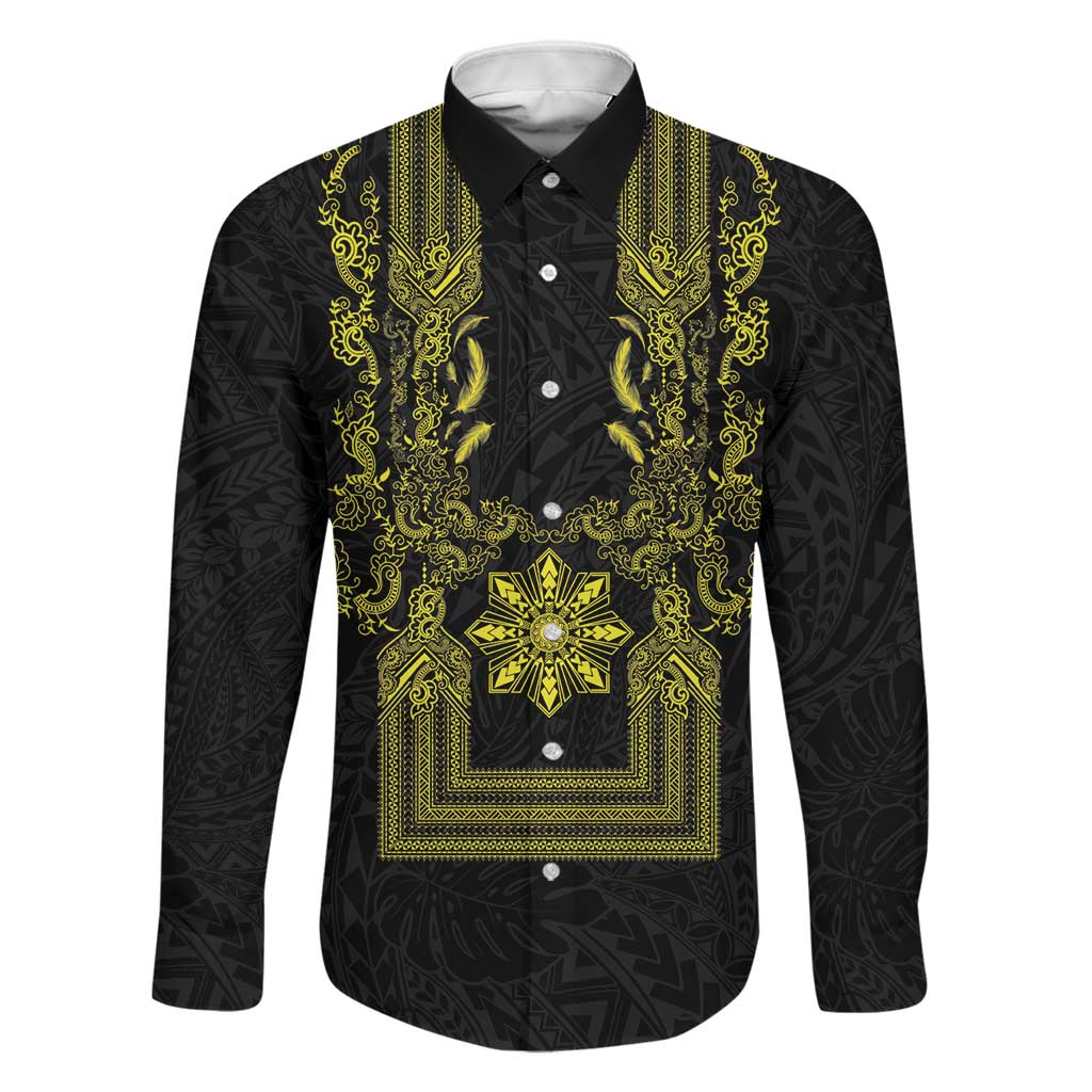 Philippines Barong Style Family Matching Short Sleeve Bodycon Dress and Hawaiian Shirt with Polynesian Art and Leaf Motif Black-Gold Color