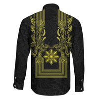 Philippines Barong Style Family Matching Short Sleeve Bodycon Dress and Hawaiian Shirt with Polynesian Art and Leaf Motif Black-Gold Color
