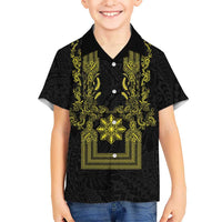 Philippines Barong Style Family Matching Short Sleeve Bodycon Dress and Hawaiian Shirt with Polynesian Art and Leaf Motif Black-Gold Color