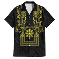 Philippines Barong Style Family Matching Summer Maxi Dress and Hawaiian Shirt with Polynesian Art and Leaf Motif Black-Gold Color