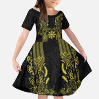 Philippines Barong Style Family Matching Tank Maxi Dress and Hawaiian Shirt with Polynesian Art and Leaf Motif Black-Gold Color
