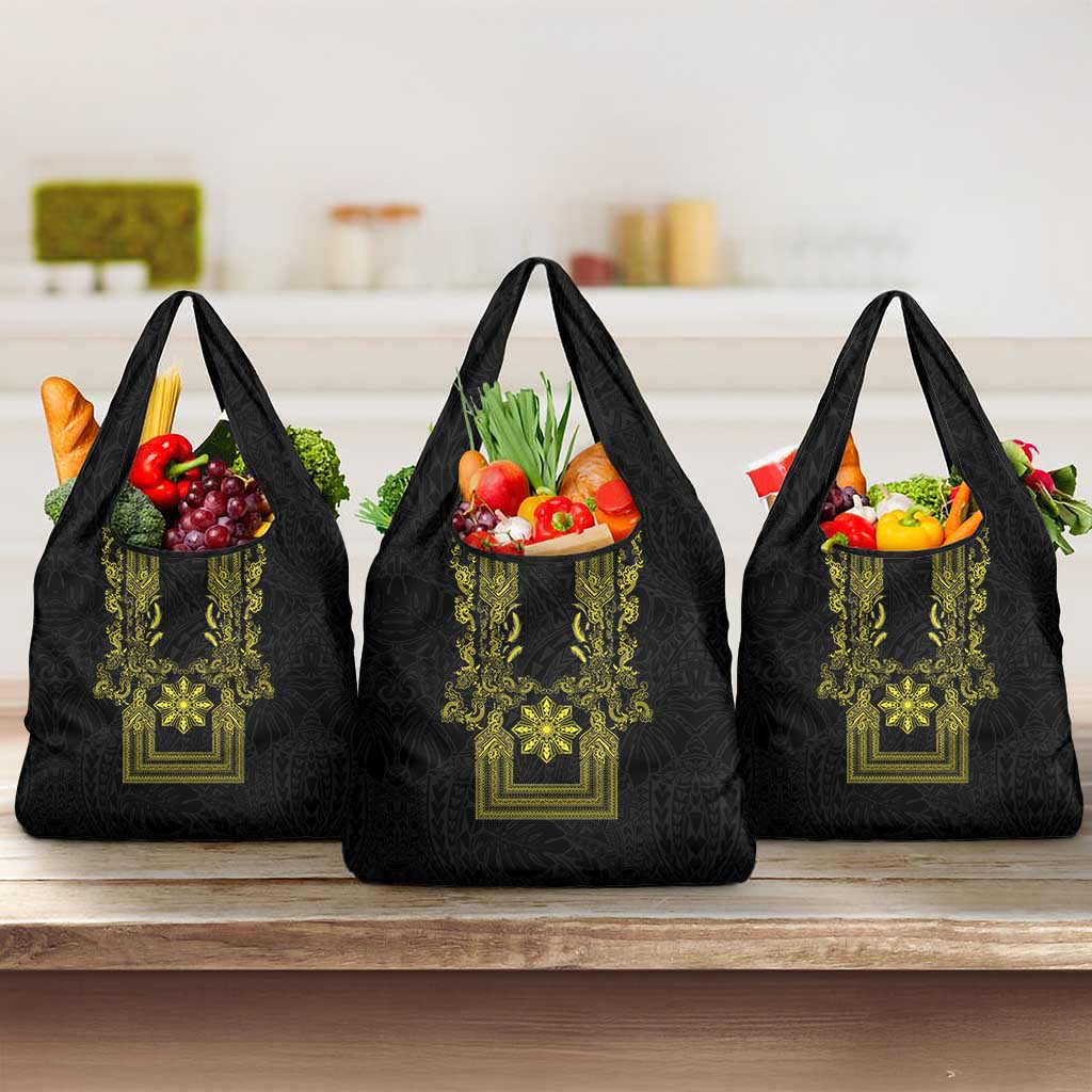 Philippines Barong Style Grocery Bag with Polynesian Art and Leaf Motif Black-Gold Color LT03 3-pack One Size Black - Polynesian Pride