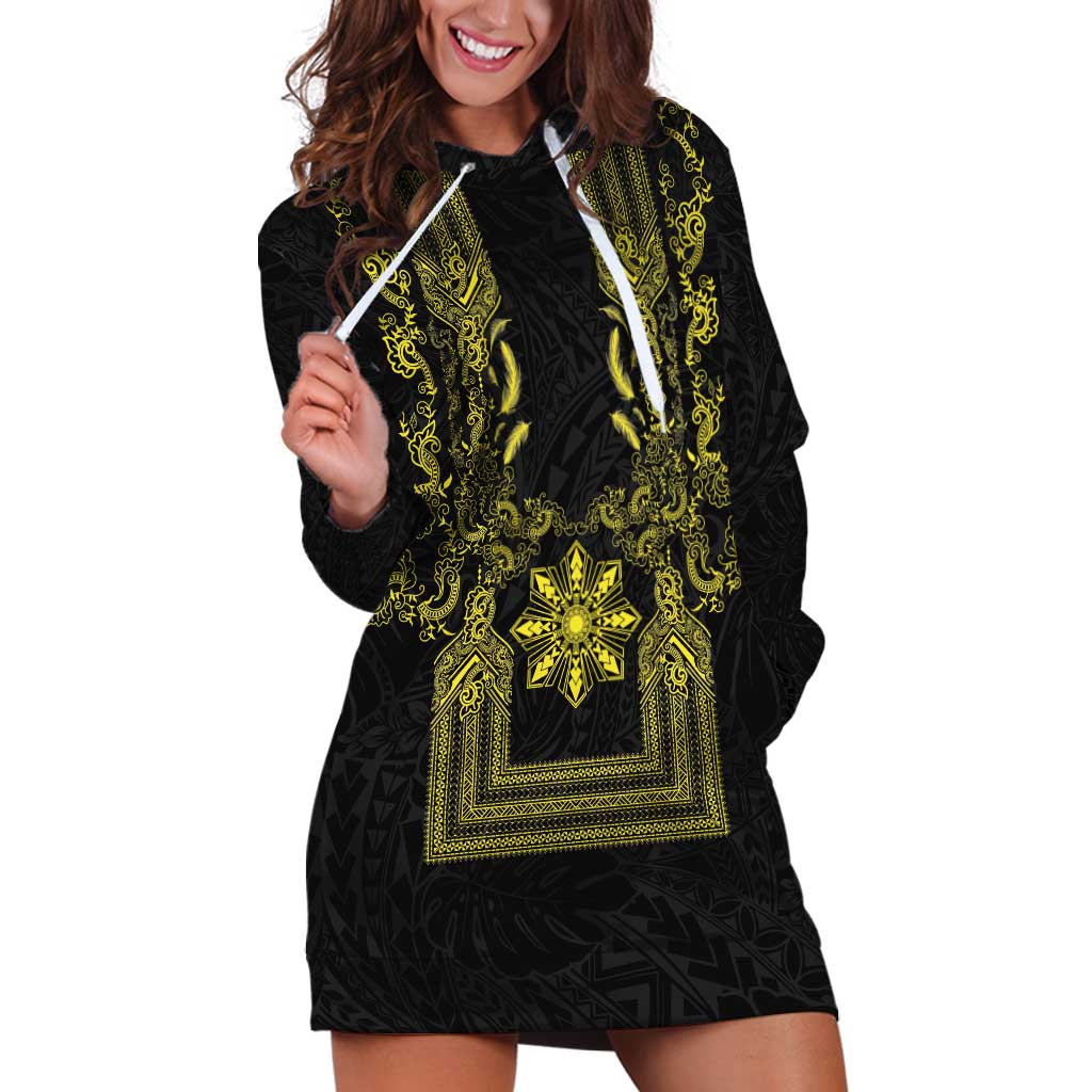Philippines Barong Style Hoodie Dress with Polynesian Art and Leaf Motif Black-Gold Color