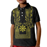 Philippines Barong Style Kid Polo Shirt with Polynesian Art and Leaf Motif Black-Gold Color