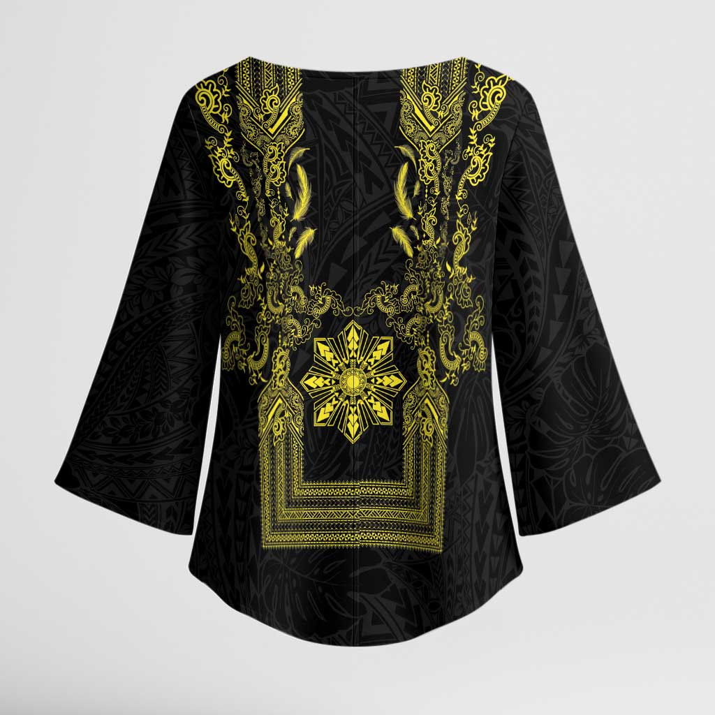 Philippines Barong Style Kimono Sleeve Blouse with Polynesian Art and Leaf Motif Black-Gold Color LT03 - Polynesian Pride