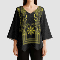 Philippines Barong Style Kimono Sleeve Blouse with Polynesian Art and Leaf Motif Black-Gold Color LT03 - Polynesian Pride