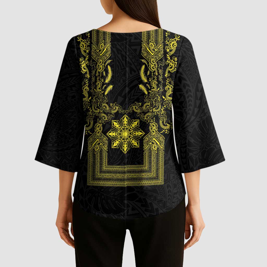Philippines Barong Style Kimono Sleeve Blouse with Polynesian Art and Leaf Motif Black-Gold Color LT03 - Polynesian Pride