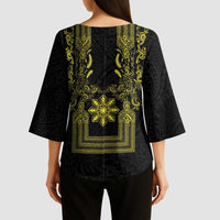 Philippines Barong Style Kimono Sleeve Blouse with Polynesian Art and Leaf Motif Black-Gold Color LT03 - Polynesian Pride