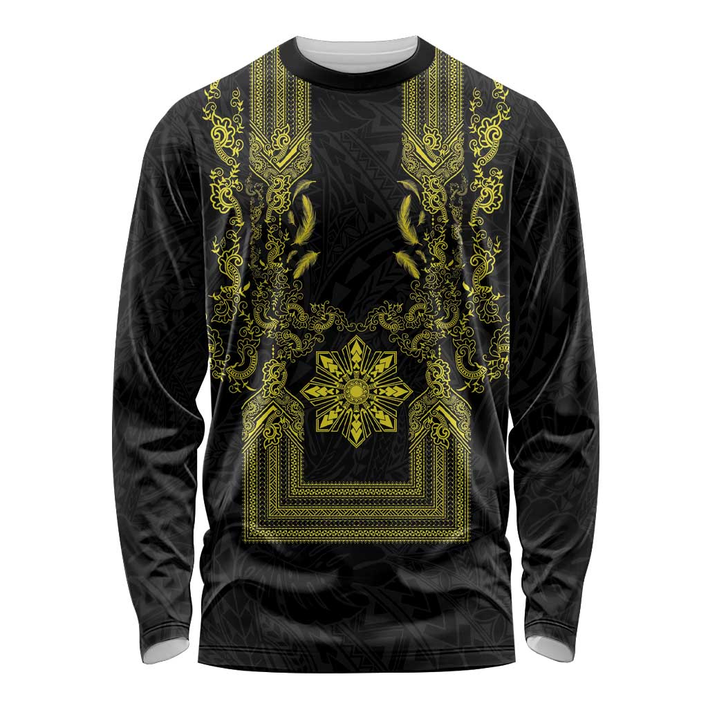 Philippines Barong Style Long Sleeve Shirt with Polynesian Art and Leaf Motif Black-Gold Color