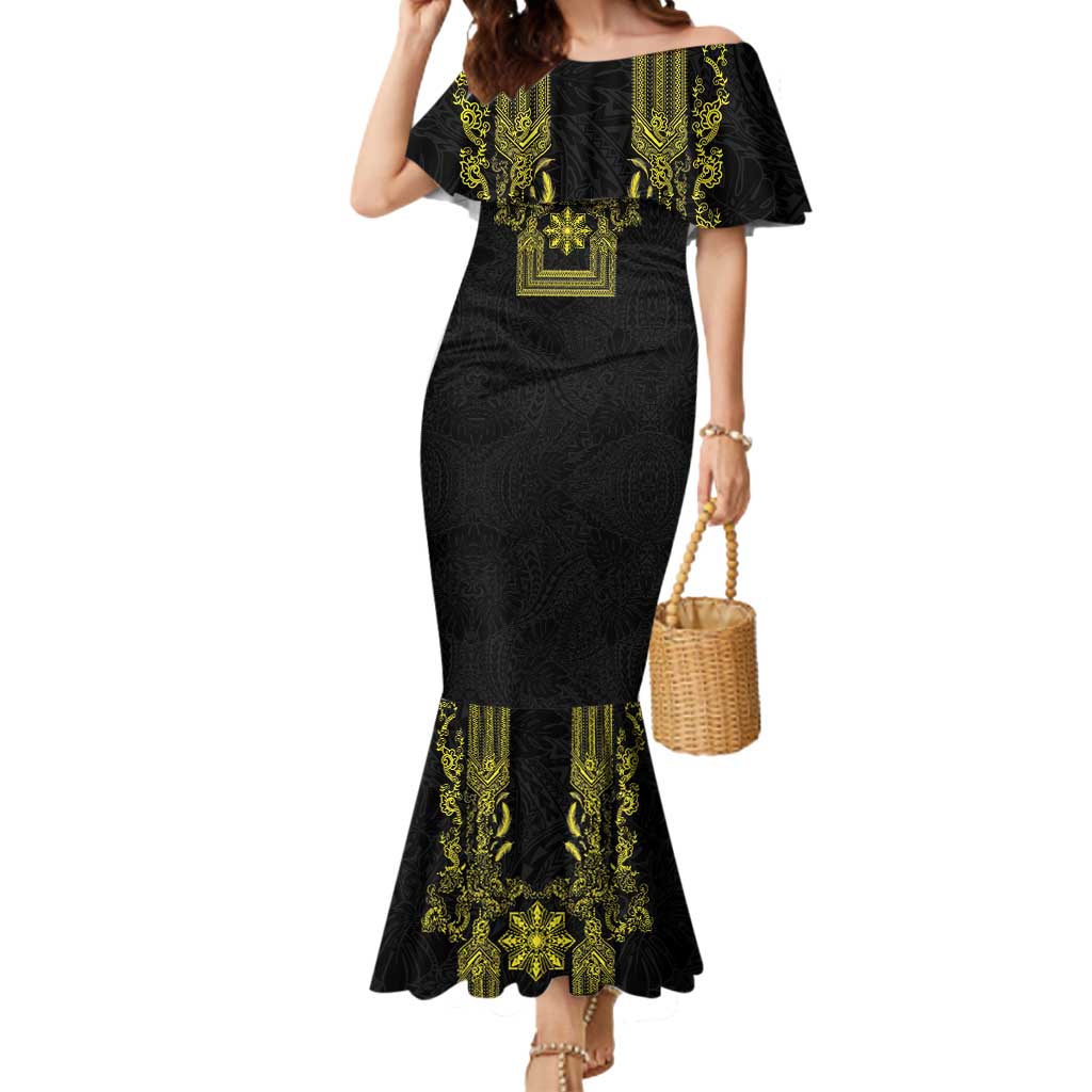 Philippines Barong Style Mermaid Dress with Polynesian Art and Leaf Motif Black-Gold Color